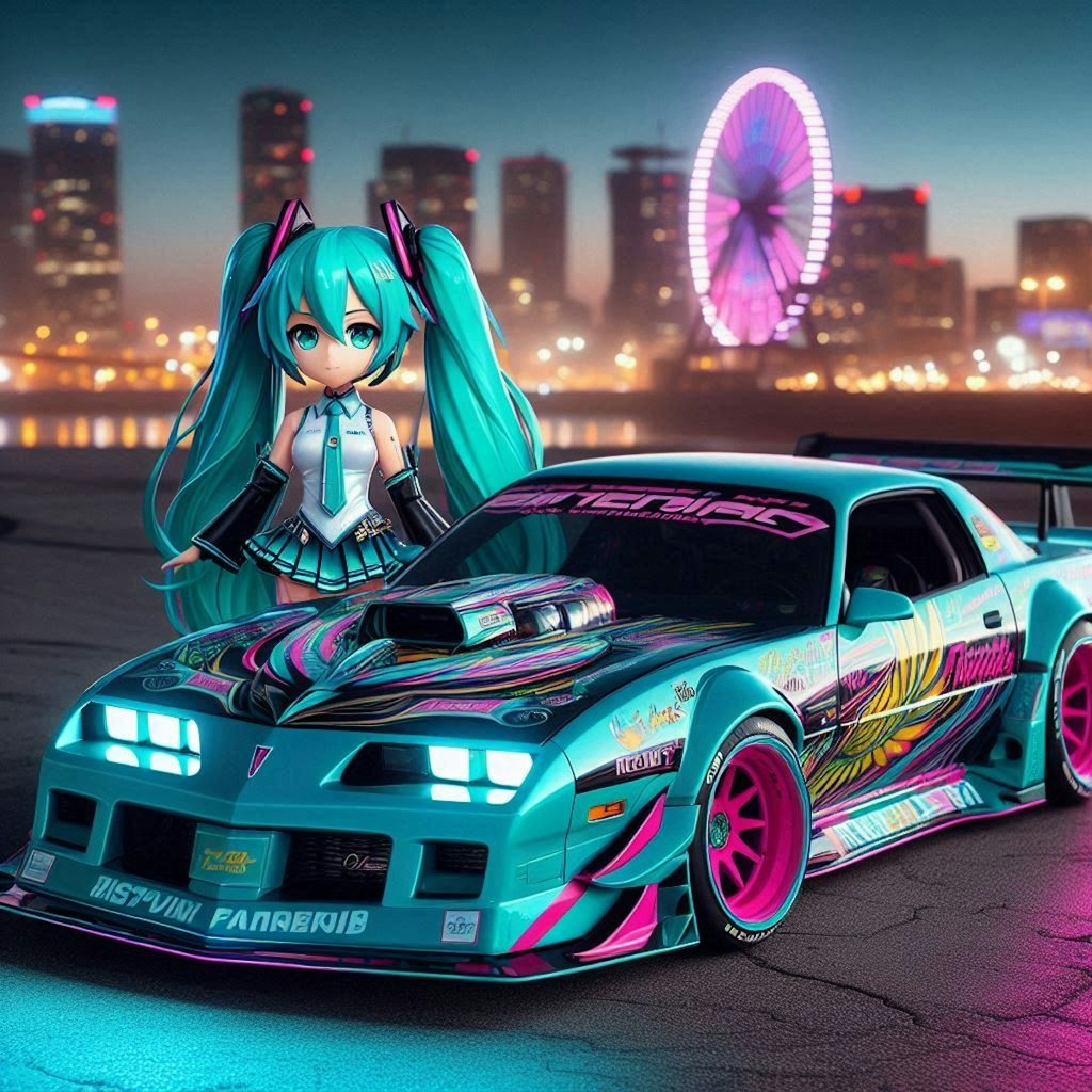 初音ミクカラーのポンティアックファイヤーバードトランザムのドリ車