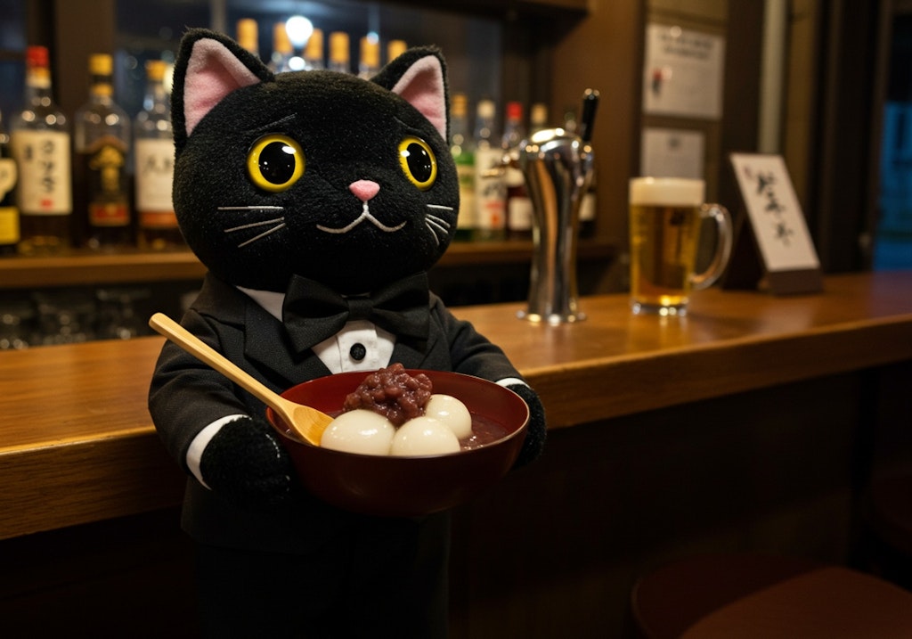 白玉汁粉を運ぶ黒猫バーテンダー