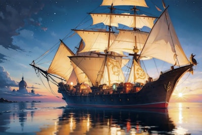 夕暮れのガレオン船