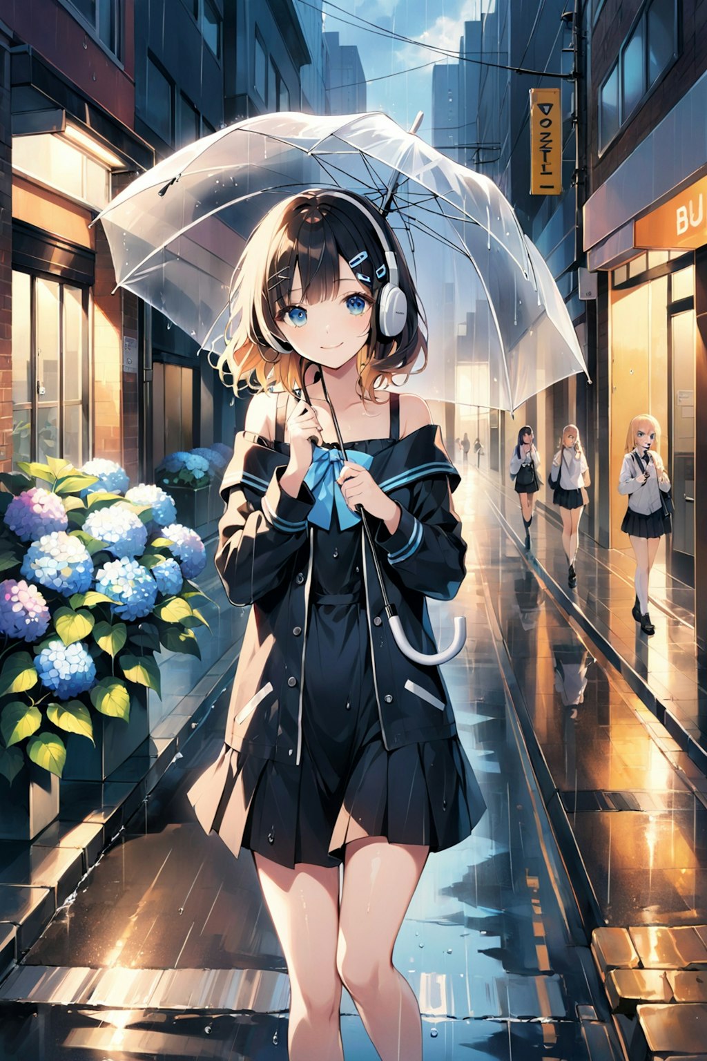 雨に佇む女子高生