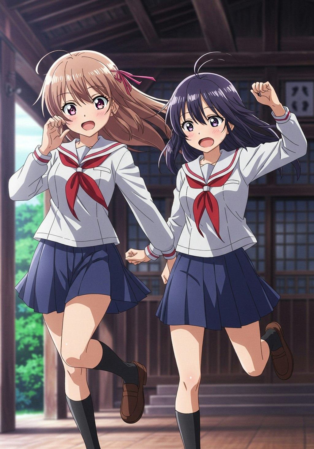 学校帰りに神社ではしゃぐ