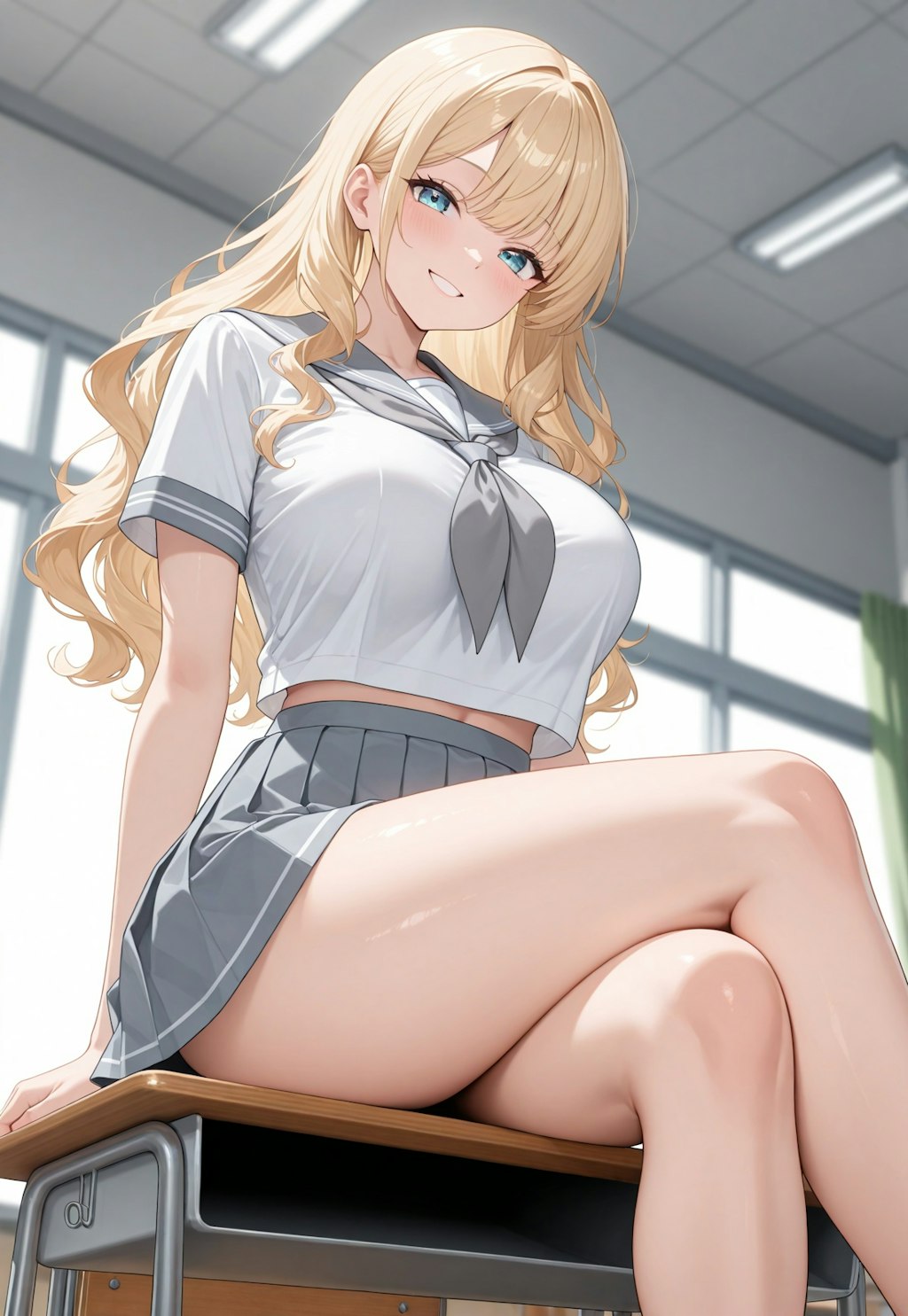 436（机に座る）