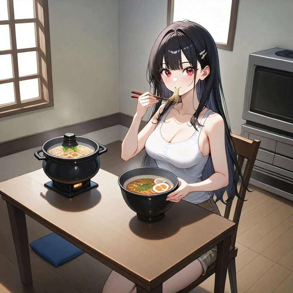 部屋でラーメン食べてるリナちゃん