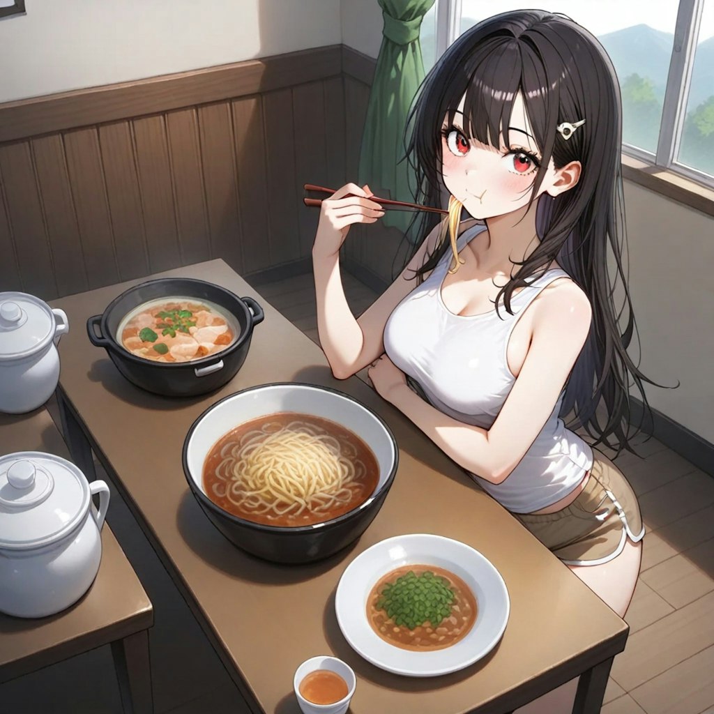 部屋でラーメン食べてるリナちゃん