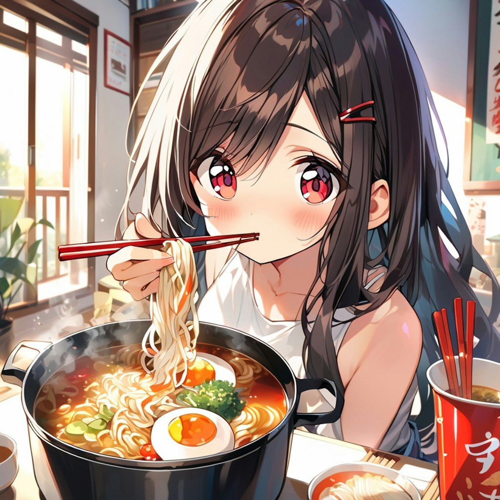 部屋でラーメン食べてるリナちゃん