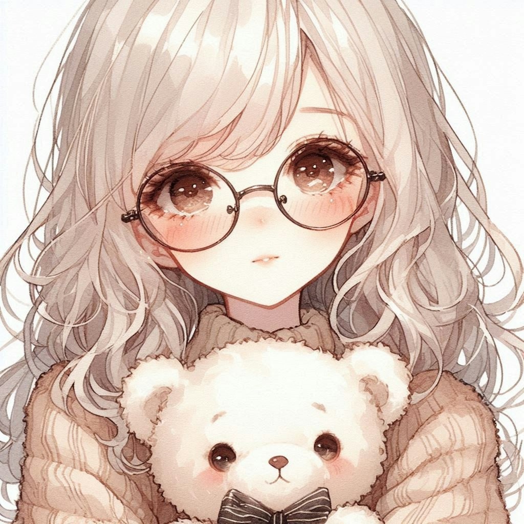 丸眼鏡の女の子とクマのぬいぐるみ