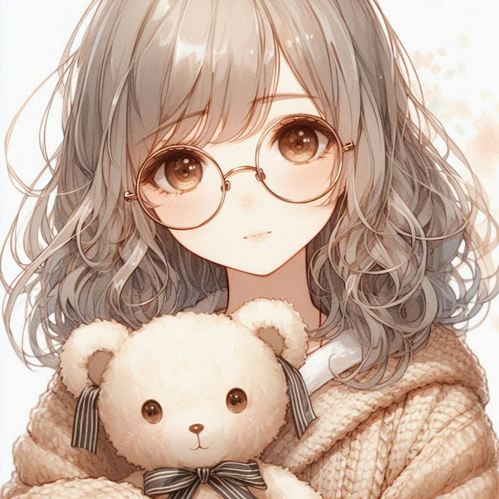 丸眼鏡の女の子とクマのぬいぐるみ