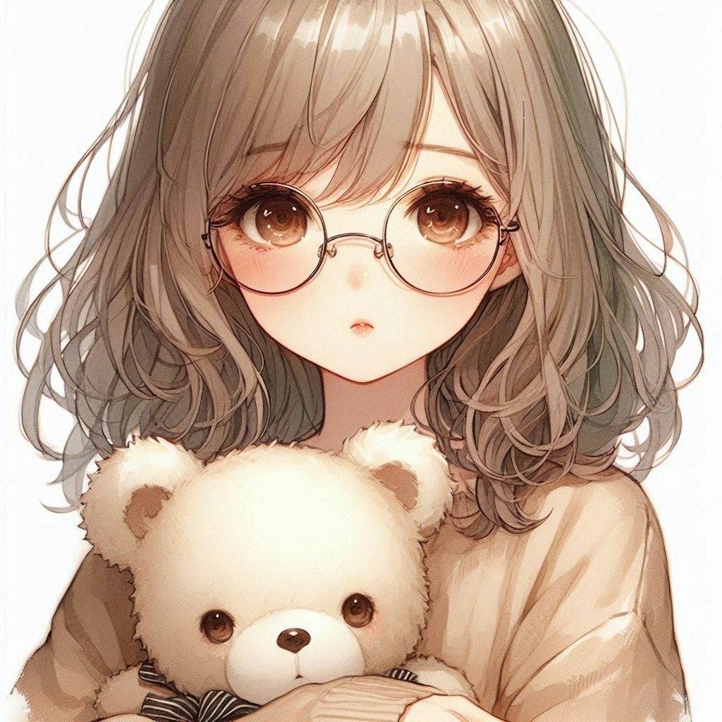 丸眼鏡の女の子とクマのぬいぐるみ