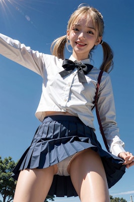 AIイラスト貧乳ロリ顔　エロ画像　服ぺちゃん　18歳女子校生海外コスプレイヤー　パンツ見てくださいー！