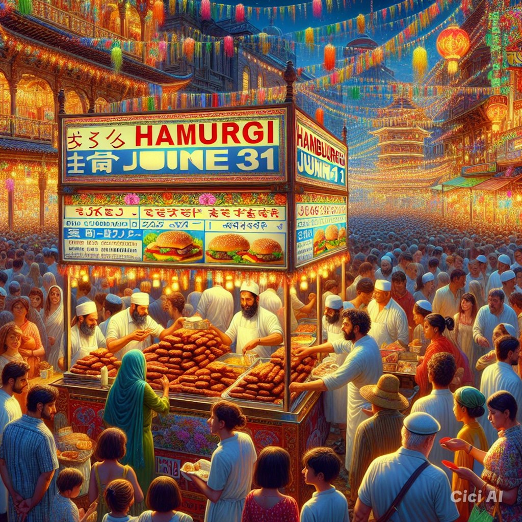 6月31日の神社のお祭りの屋台で売られているハンバーギ　2