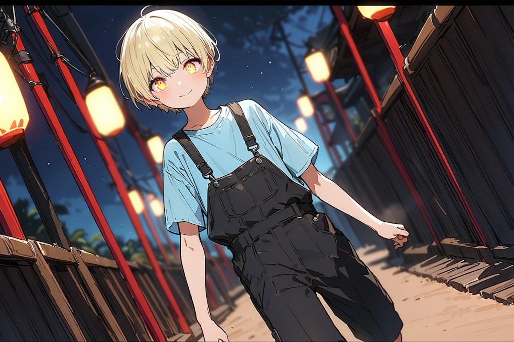 A boy in overalls met in an alley at night