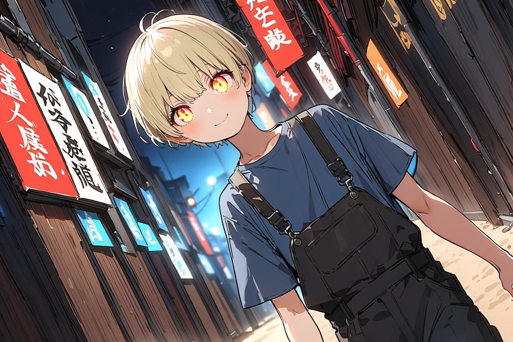 A boy in overalls met in an alley at night