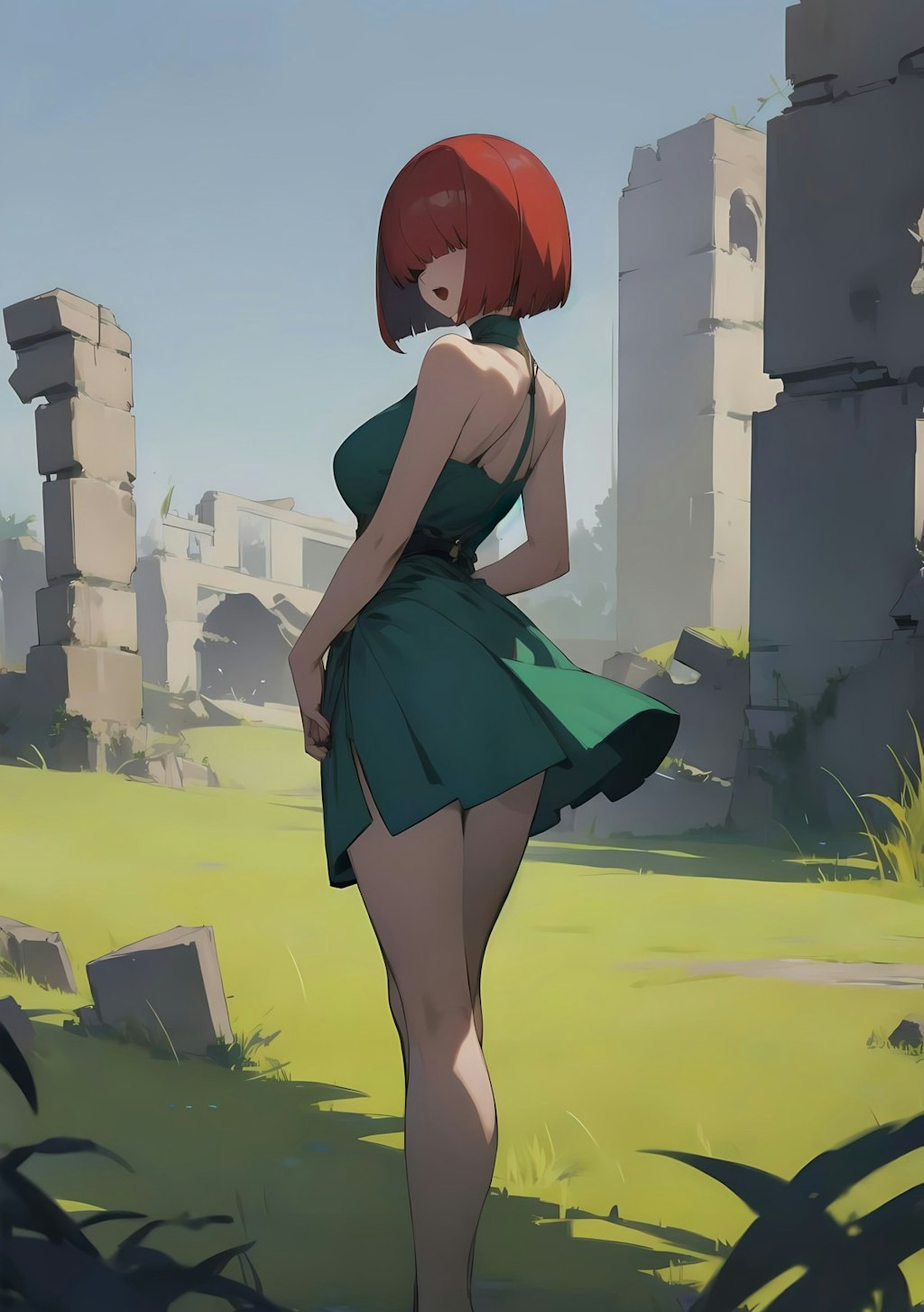 Sketch style - red hair, green dress