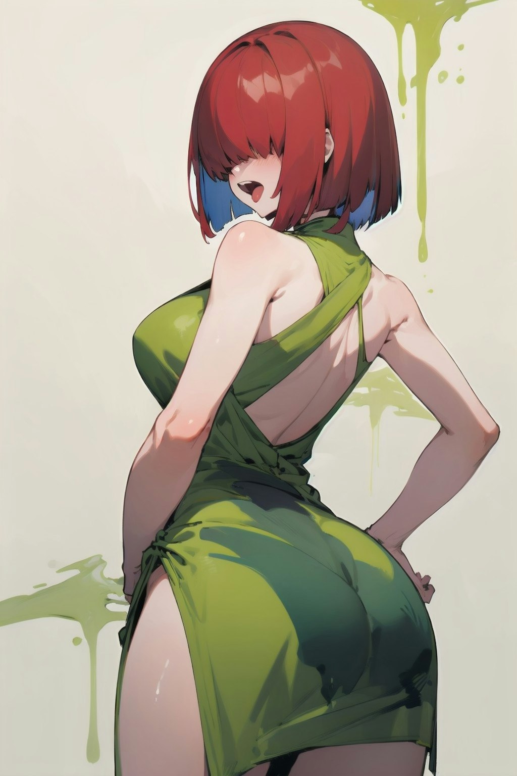 Sketch style - red hair, green dress