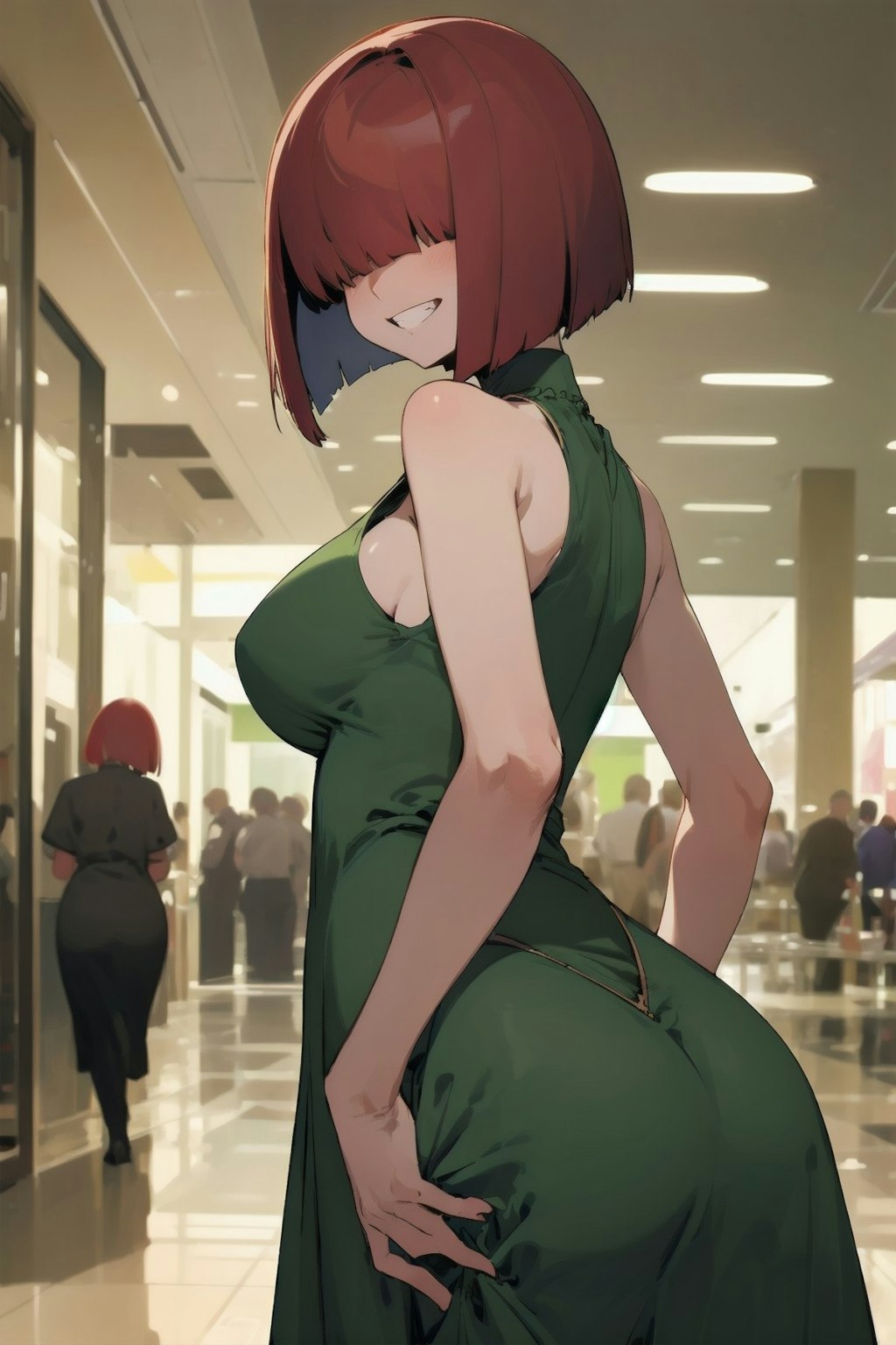 Sketch style - red hair, green dress