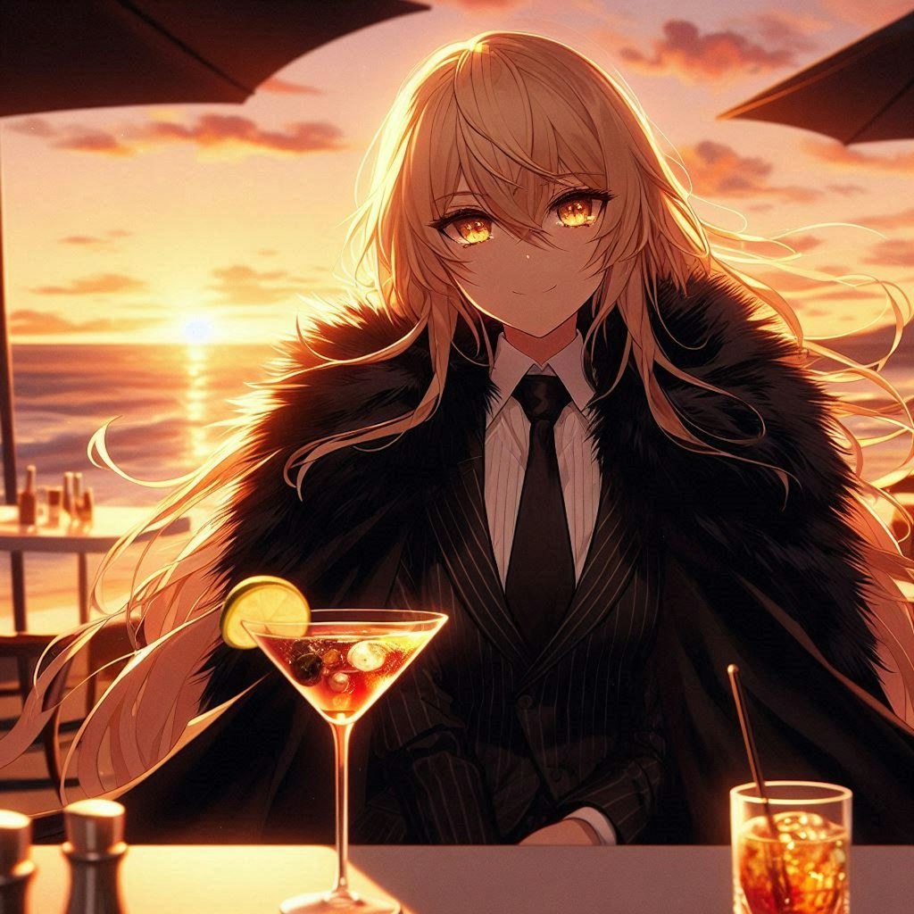 エリザベスと夕日の海辺で。