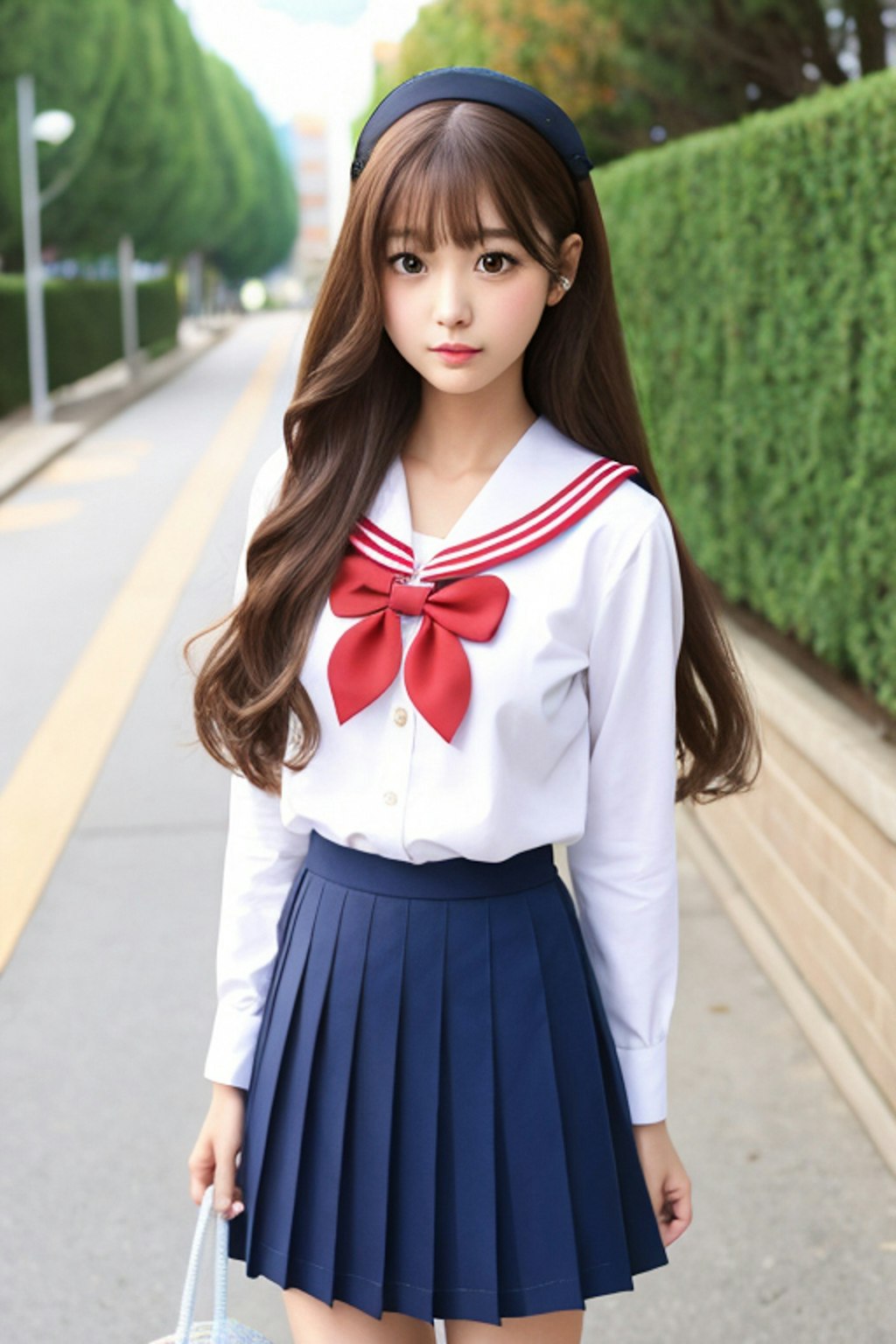 かわいいセーラー服の女の子　白とロングヘア