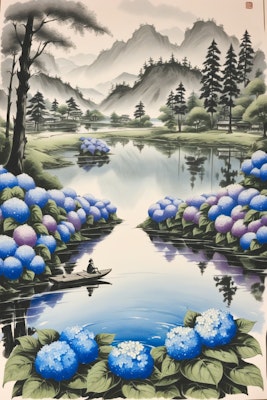 掛け軸風『湖と紫陽花』