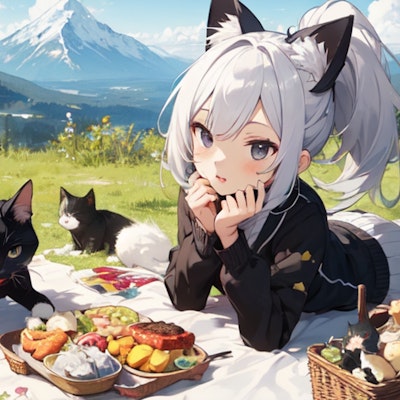 猫と猫耳少女とピクニック
