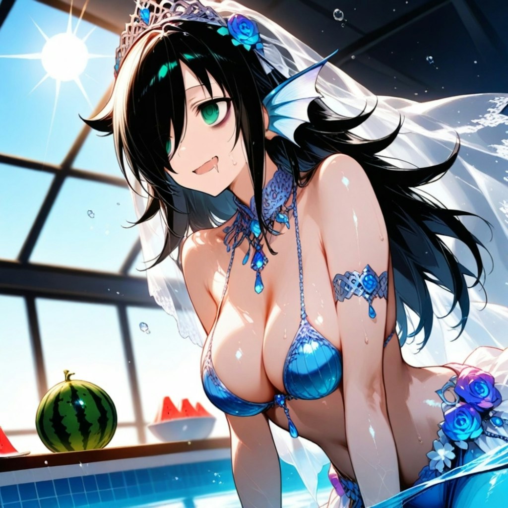 例のプールでスイカと泳ぐ花嫁水着モン娘人魚コスプレ人妻