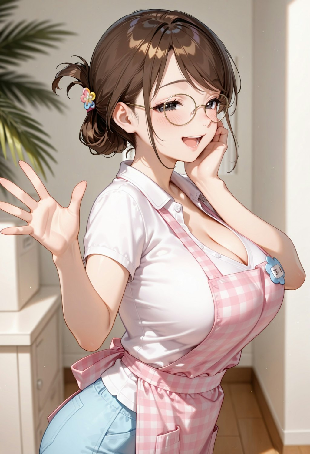 ピンクのエプロン。