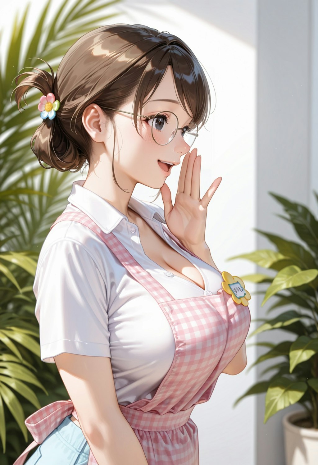 ピンクのエプロン。