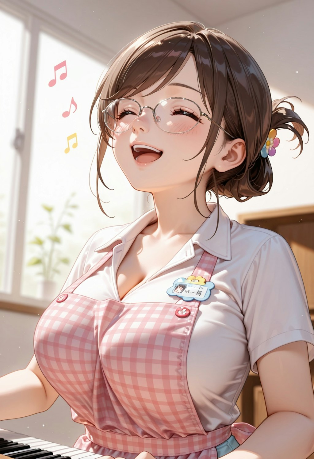 ピンクのエプロン。