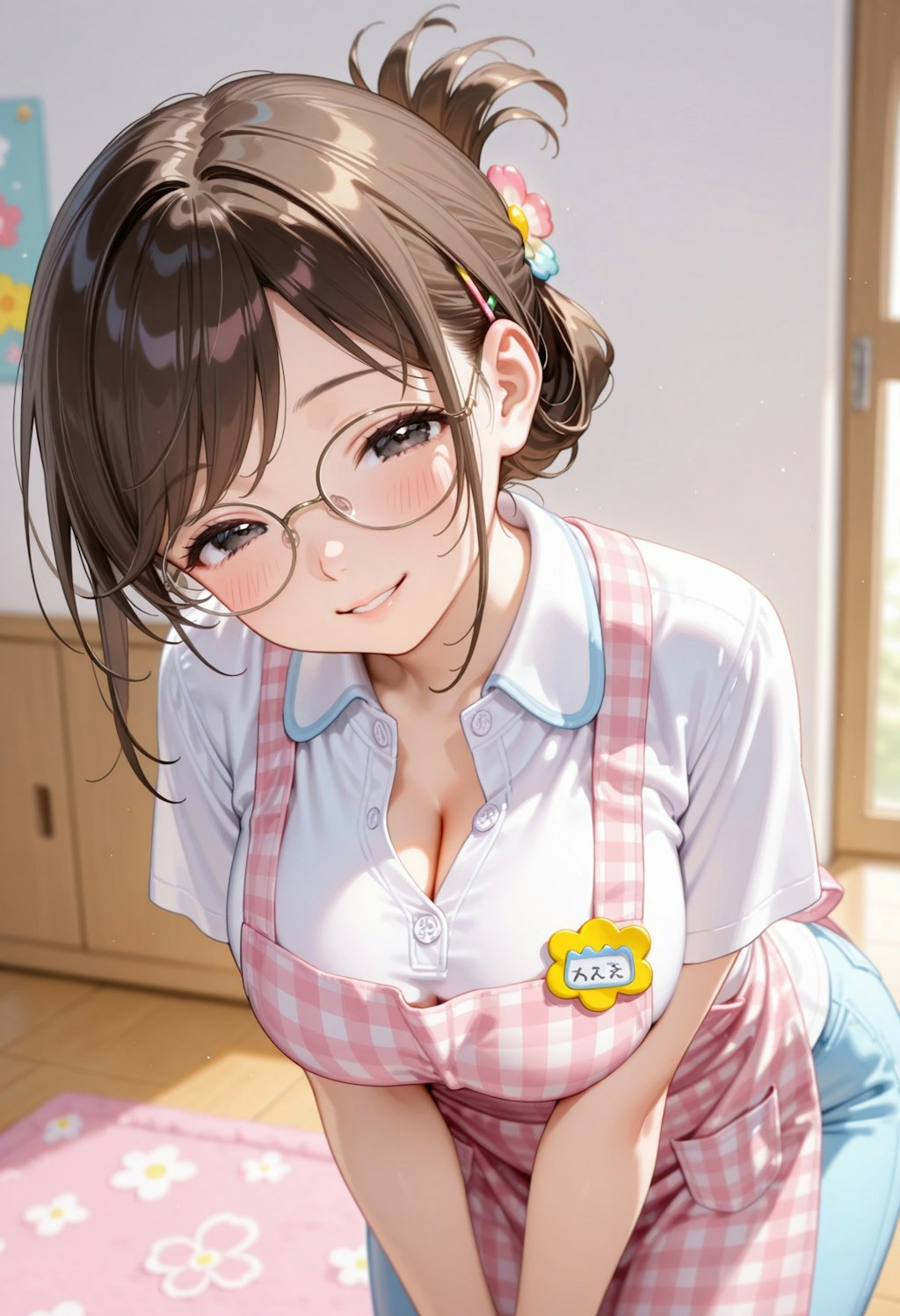 ピンクのエプロン。