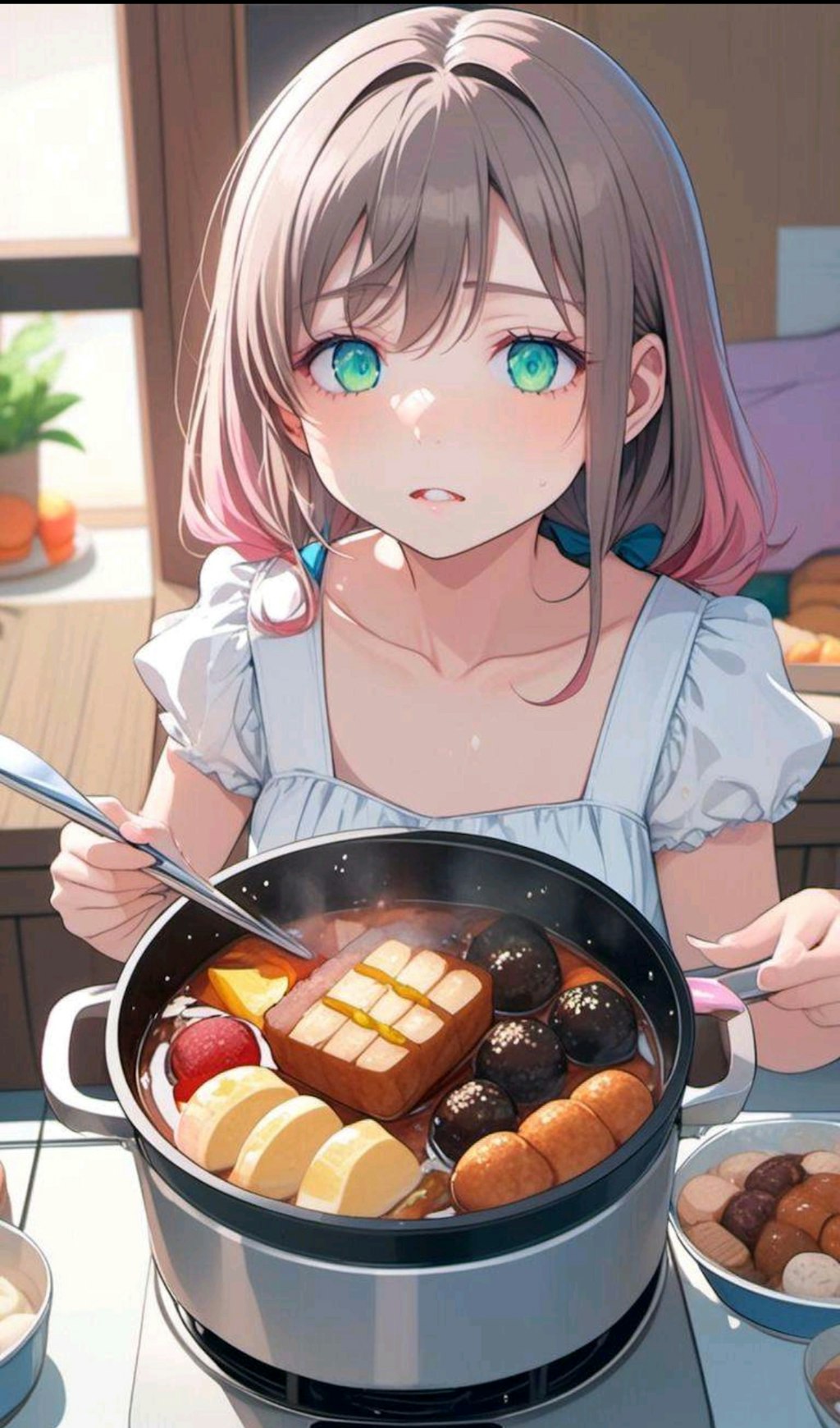 熱々のおでん(？)を食べさせられる小さな女の子