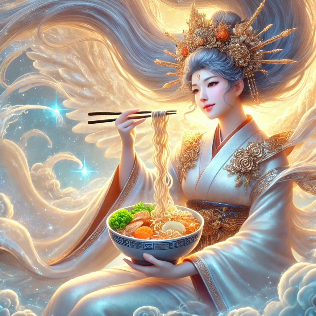 オマーンのカリグラフィーと言う画風で書かれたラーメンを食べる女神