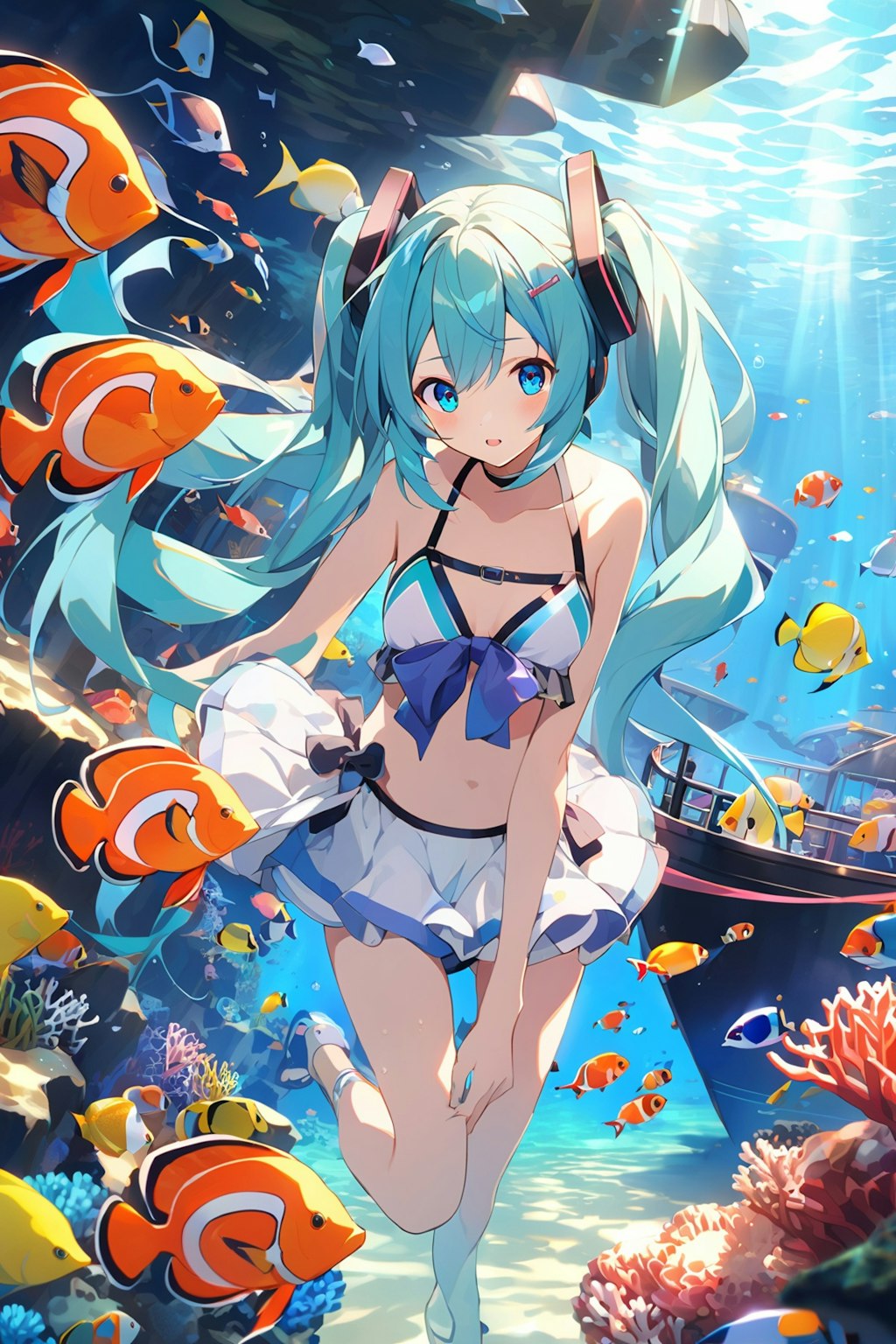 深海少女　沈没船とカラフルな魚達