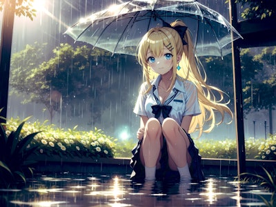 雨の中 制服少女