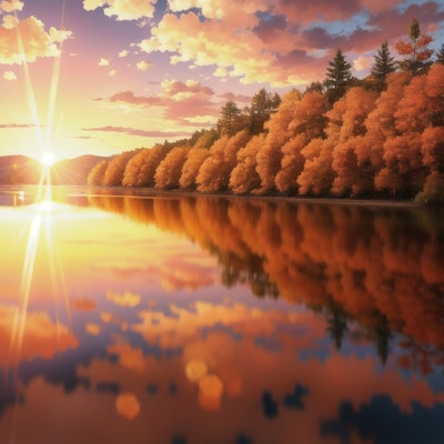 湖＿湖に反射する空と紅葉＿風景画