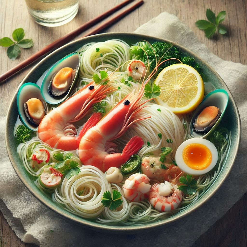 透明感のあるseafood noodle