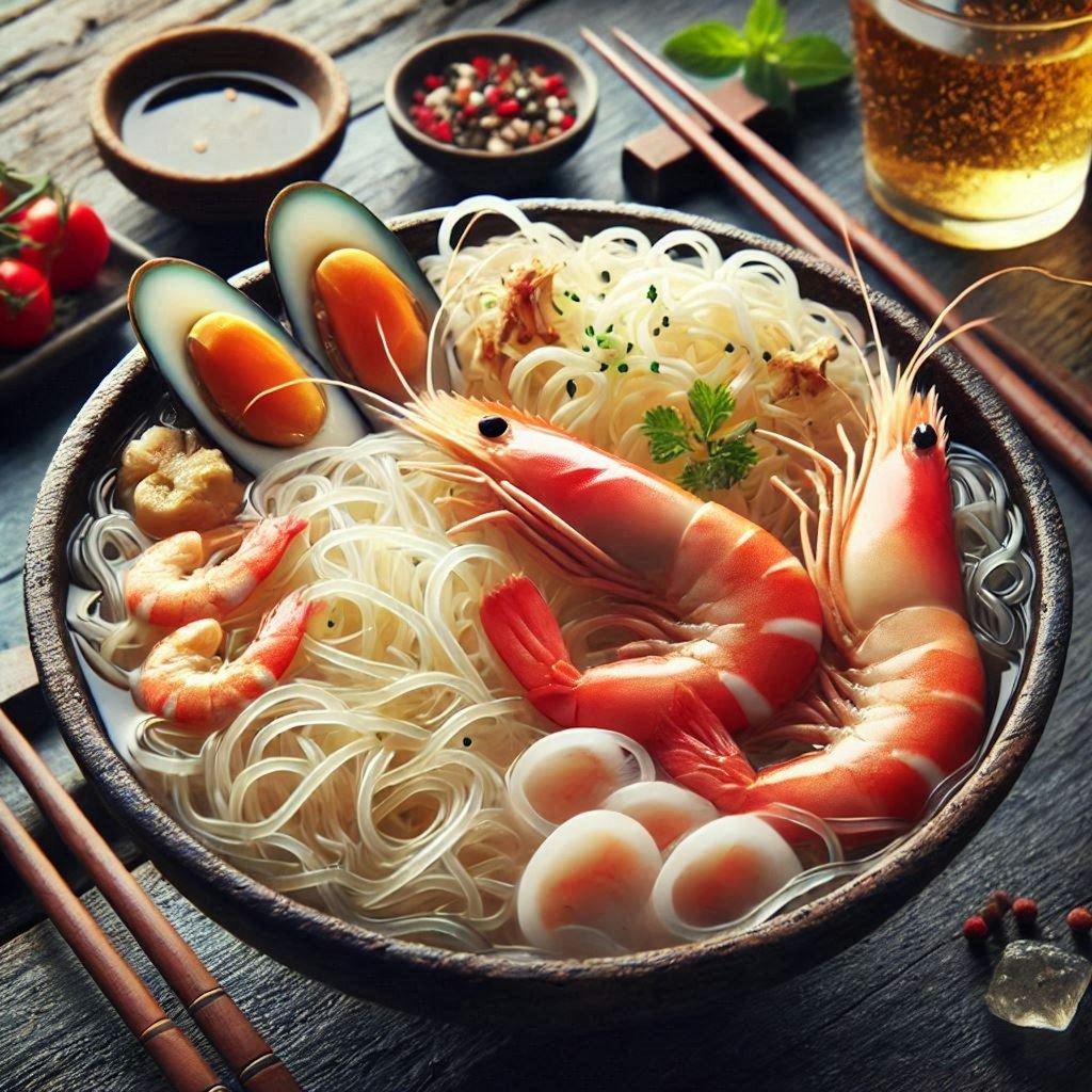 透明感のあるseafood noodle