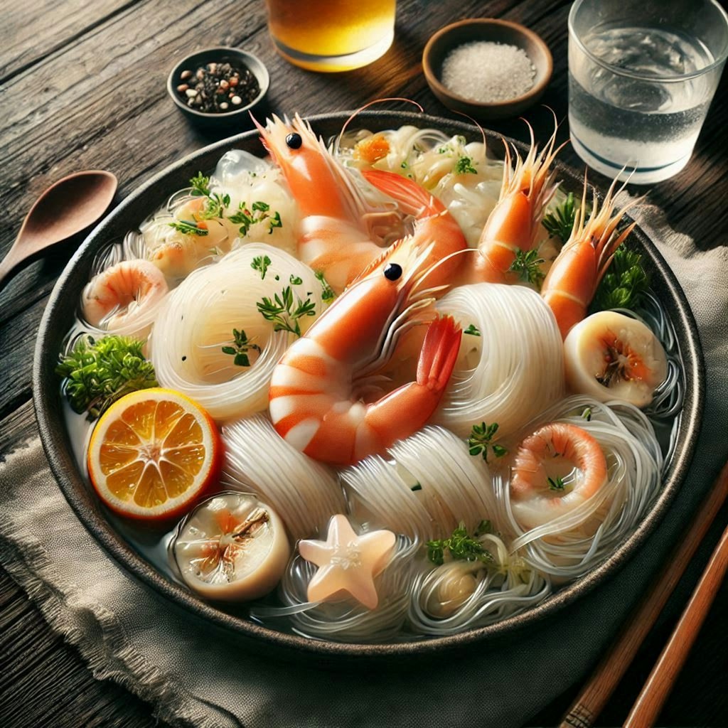 透明感のあるseafood noodle