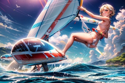 夏休み、ウインドサーフィンを楽しむ少女