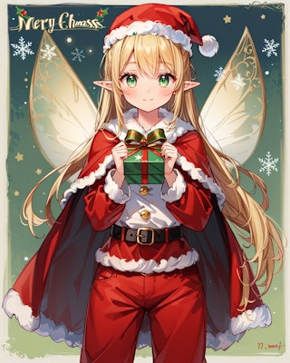 妖精サンタ衣装でクリスマスプレゼントを贈るエルフ魔女