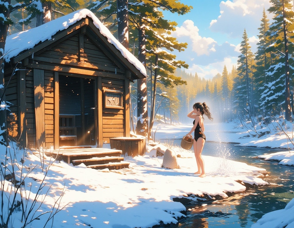 冬の寒冷浴—少女と雪景色のコントラスト