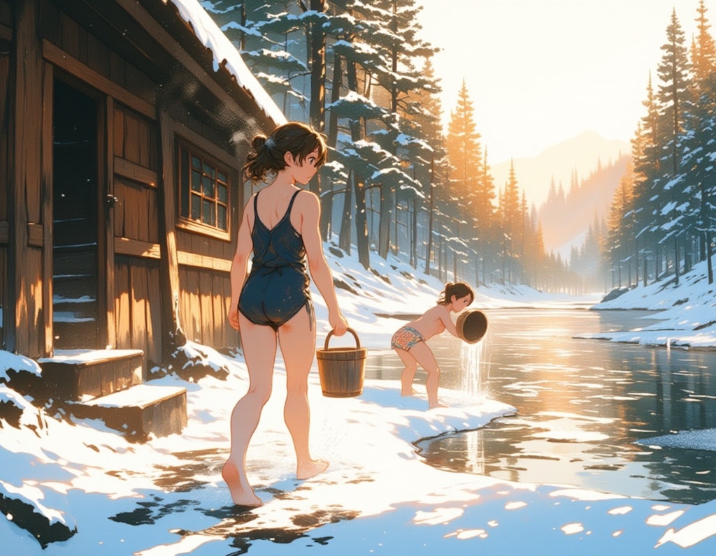 冬の寒冷浴—少女と雪景色のコントラスト
