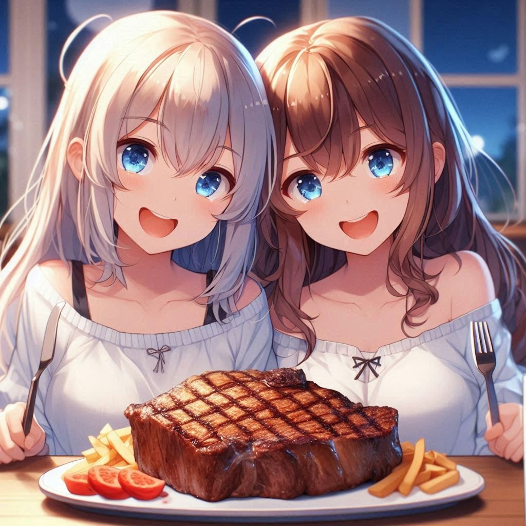 特大レアステーキを食べる小さな女の子