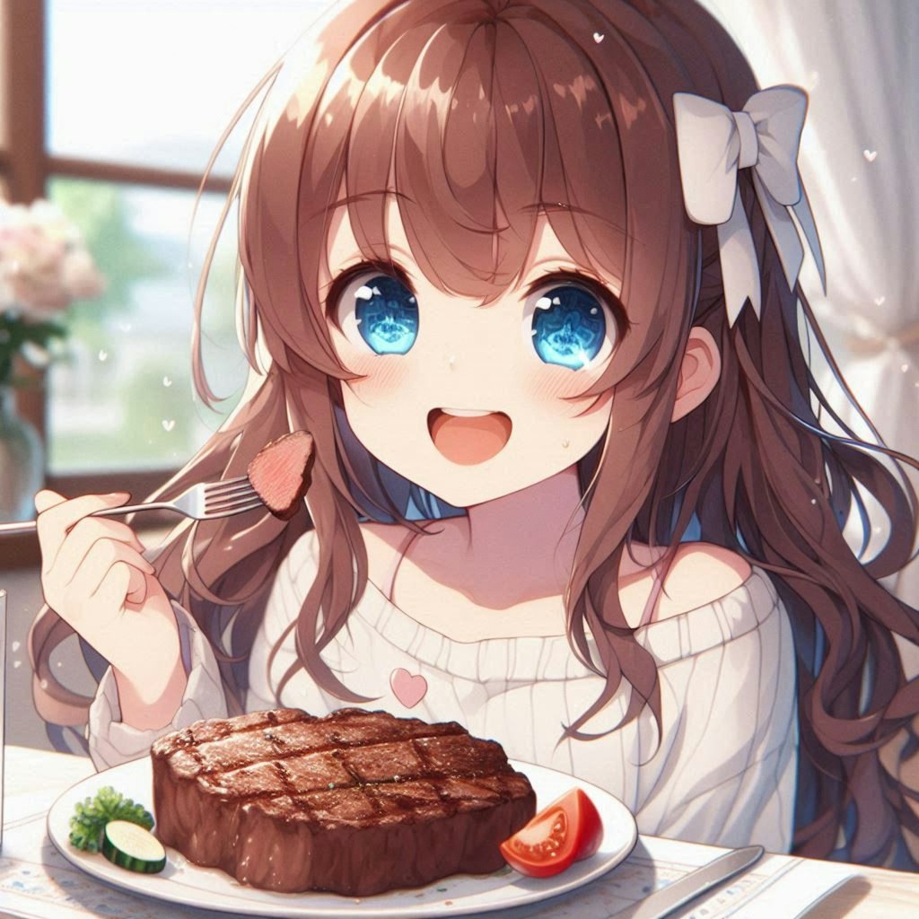 特大レアステーキを食べる小さな女の子