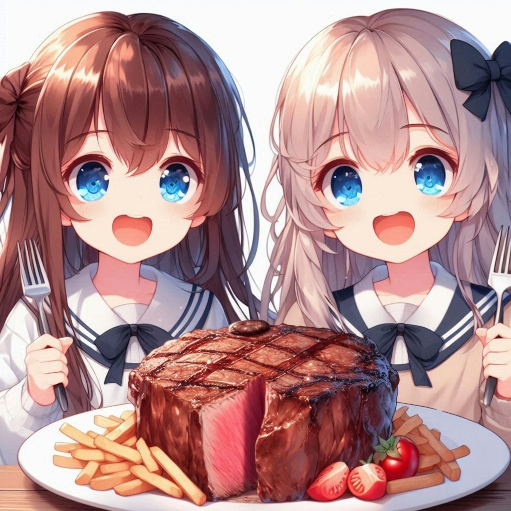 特大レアステーキを食べる小さな女の子