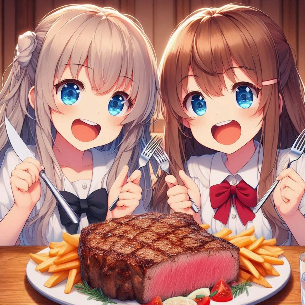 特大レアステーキを食べる小さな女の子