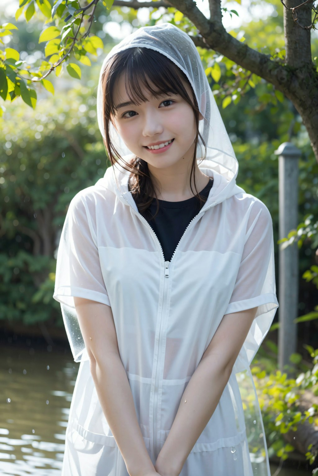 カッパを着た女性