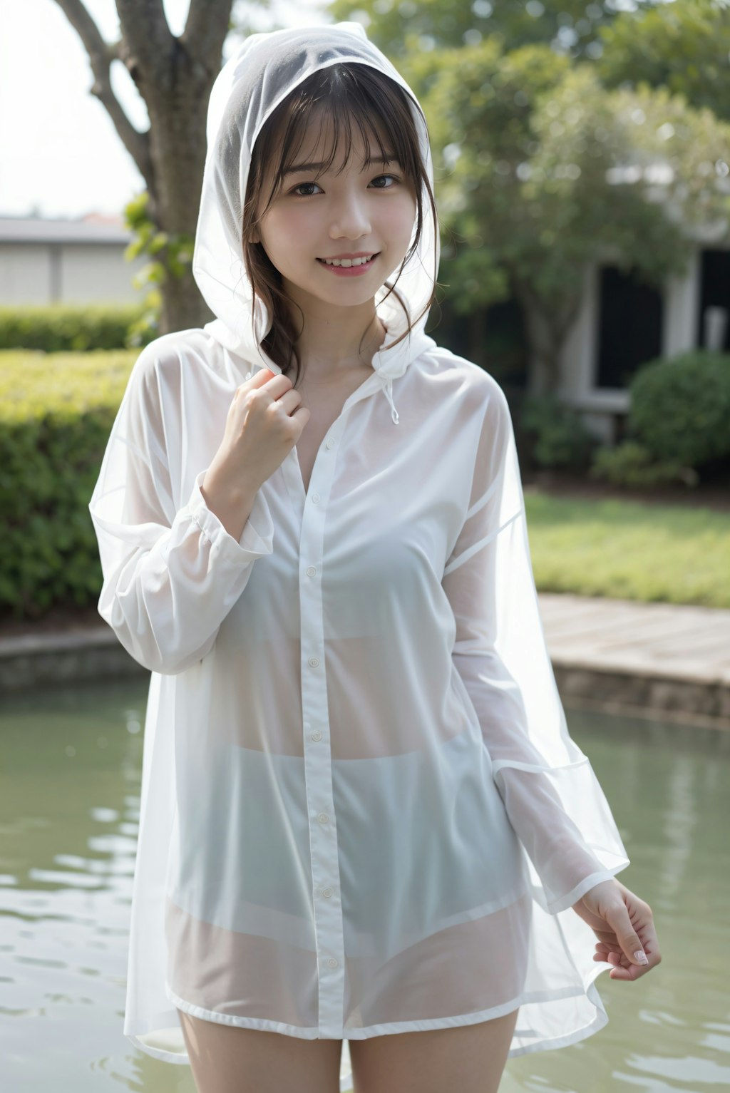 カッパを着た女性