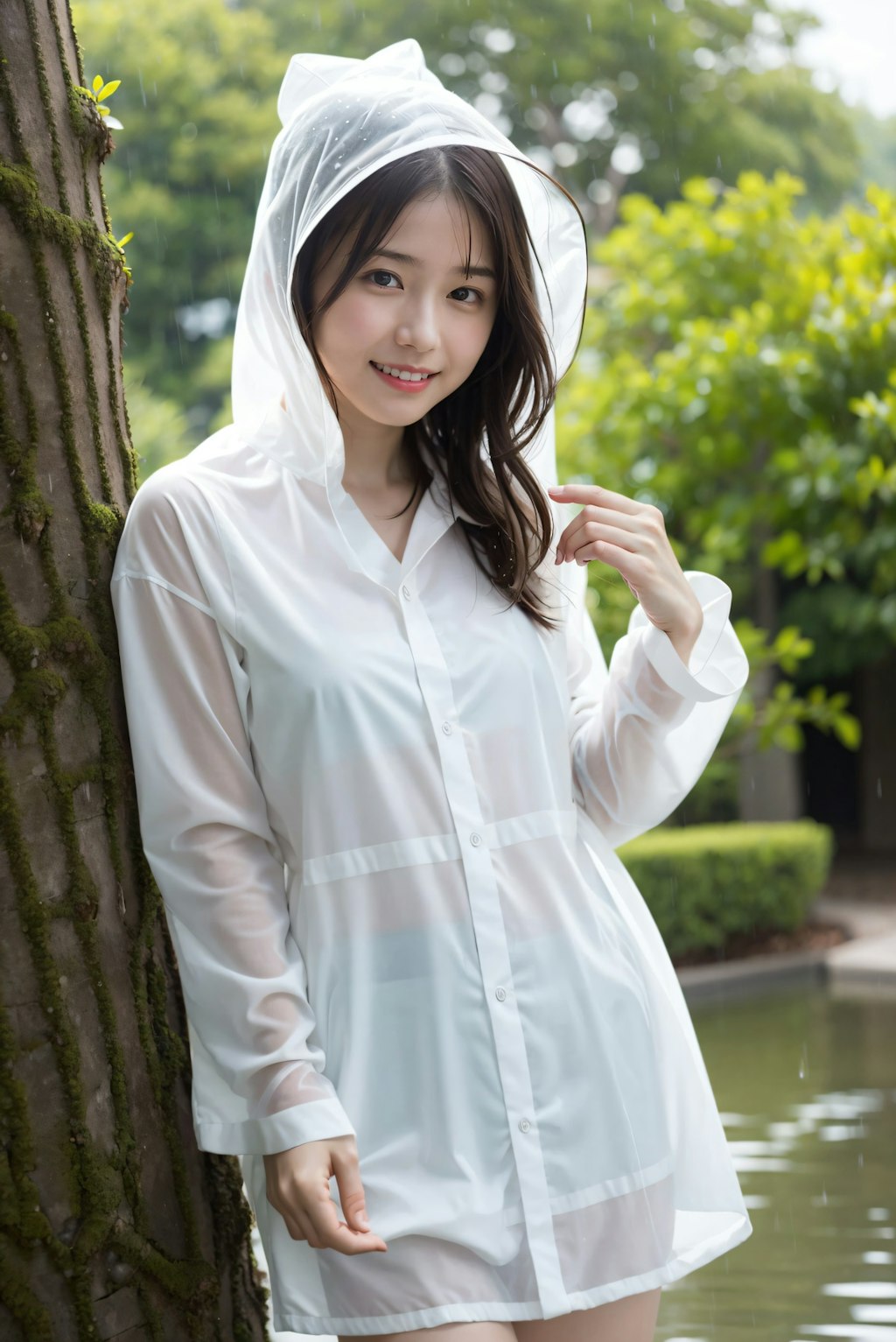 カッパを着た女性