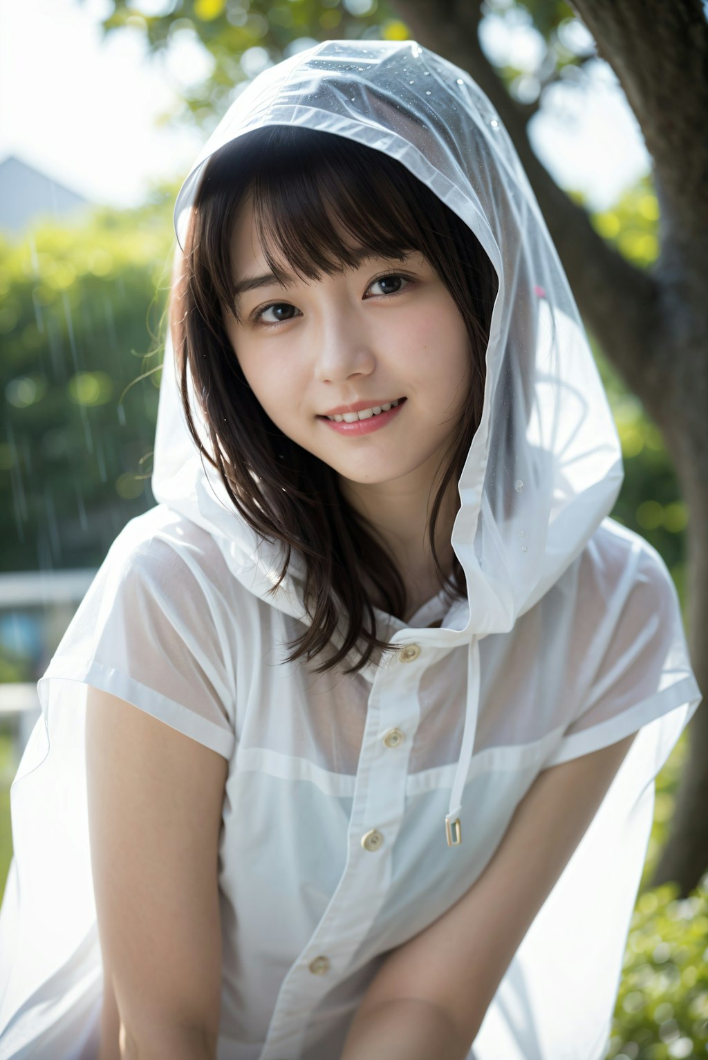カッパを着た女性