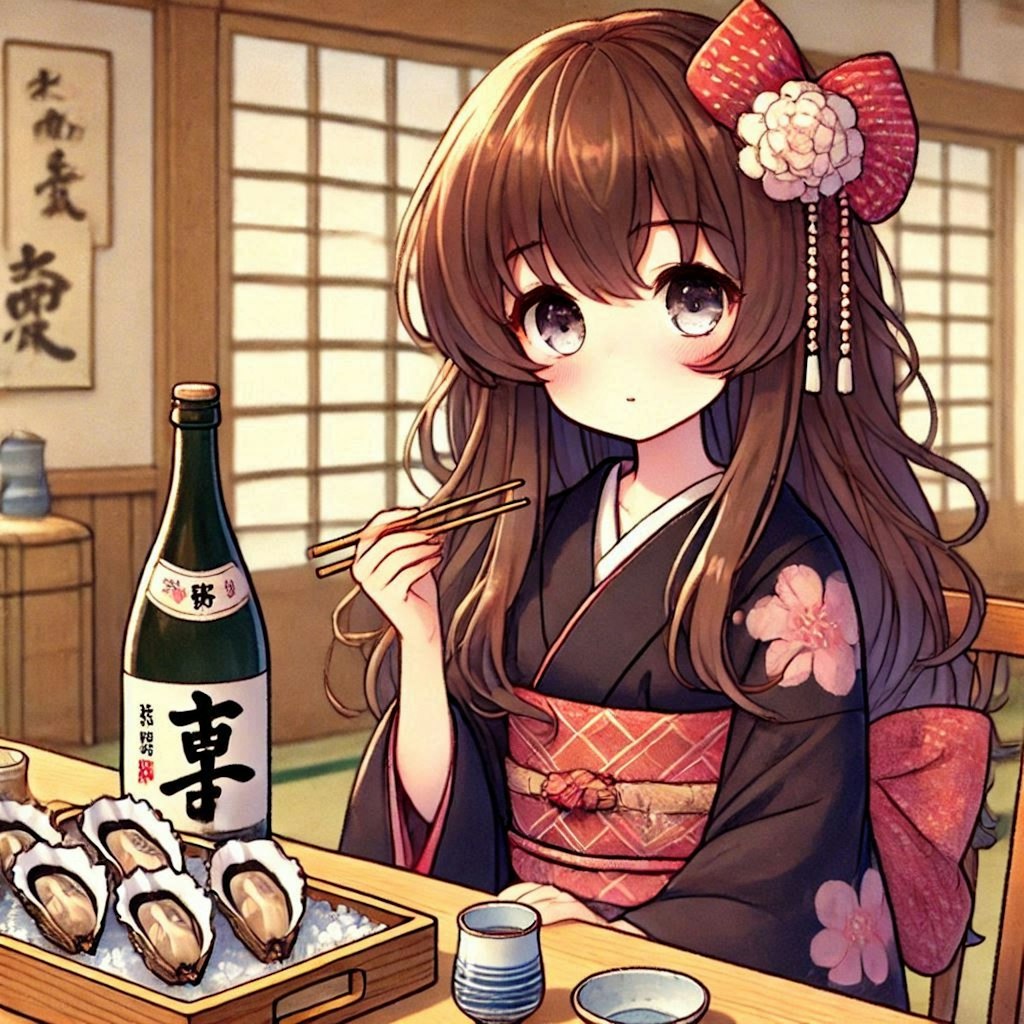 生牡蠣で日本酒を飲む小さな女の子