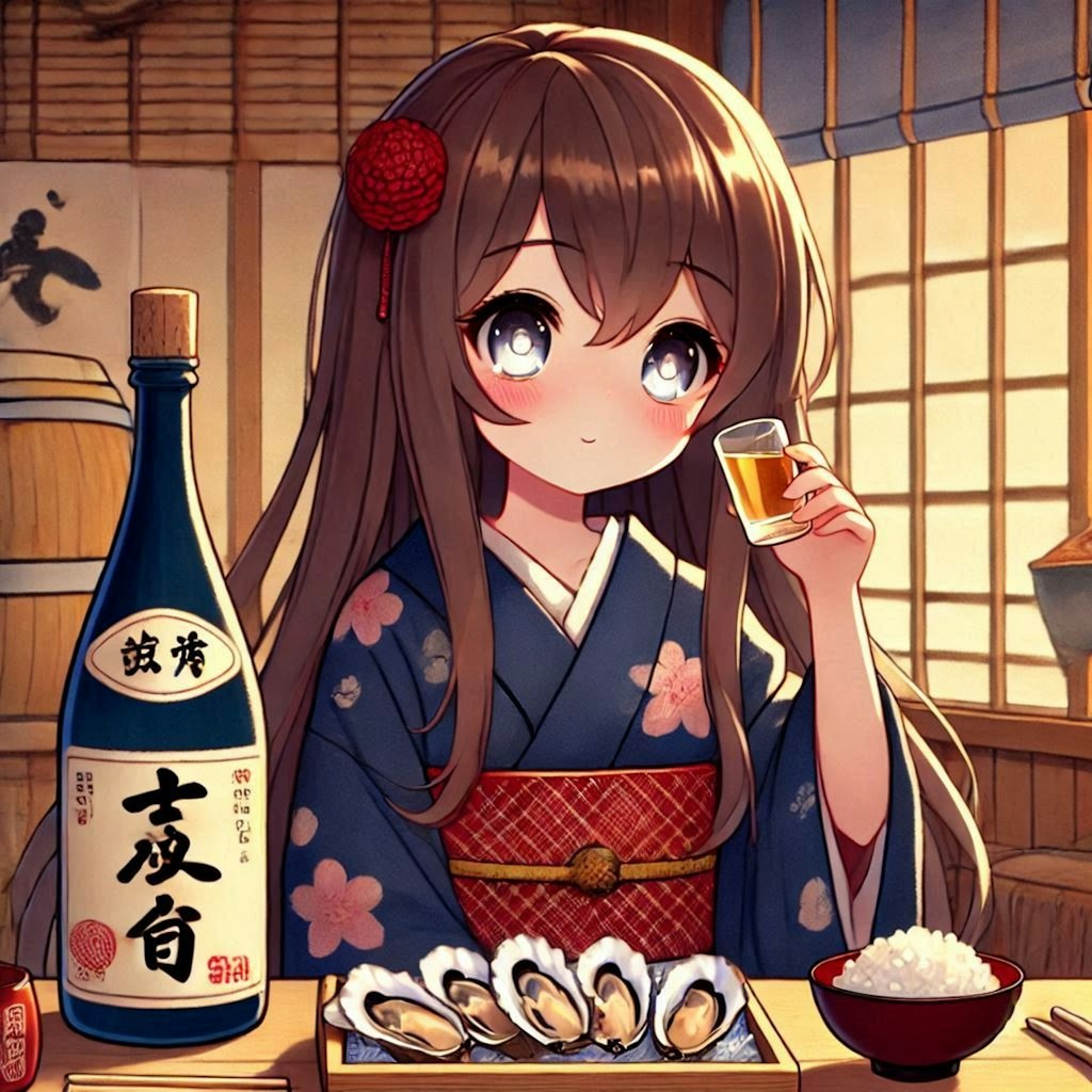 生牡蠣で日本酒を飲む小さな女の子